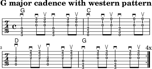 
\version "2.20.0"
\header {
  title="G major cadence with western pattern"
  encoder="mjchael"
}

myChords = \new ChordNames { \chordmode {
    g1 c d g
}}

BB_G = {
  <g, b, d>4 \downbow
  <g b g'>8 \downbow 
  <g b g'> \upbow
  <g, b, d>4 \downbow
  <g b g'>8 \downbow 
  <g b g'> \upbow
}

BB_C = {
  <e, c e>4 \downbow
  <g c' e'>8 \downbow 
  <g c' e'> \upbow 
  <e, c e>4 \downbow
  <g c' e'>8 \downbow 
  <g c' e'> \upbow
}

BB_D = {
  <a, d a>4 \downbow
  <a d' fis'>8 \downbow 
  <a d' fis'> \upbow 
  <a, d a>4 \downbow
  <a d' fis'>8 \downbow 
  <a d' fis'> \upbow
}

myRhythm = { \repeat volta 4 {
  \BB_G \BB_C \break \BB_D \BB_G
  \mark "4x"
}}

\score { << %layout
  \myChords
  \new TabStaff {
    \tabFullNotation 
    \myRhythm
  }
>> \layout{} }

\score { << % midi
  \unfoldRepeats {
    \tempo 4 = 90
    \time 4/4
    \key d \major
    \set Staff.midiInstrument = #"acoustic guitar (nylon)"
    c4 b, a,
    \myRhythm 
    <g, b, d g b g,>1 \downbow
  }
>> \midi{} }

\paper {
  indent=0\mm
  line-width=120\mm
  oddFooterMarkup=##f
  oddHeaderMarkup=##f
  % bookTitleMarkup=##f
  scoreTitleMarkup=##f
}
