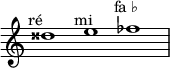 
    \relative c'' {
      \time 3/1
      \override Staff.TimeSignature #'stencil = ##f
      disis1^\markup { \center-align "ré 𝄪" }
      e^\markup { \center-align "mi" }
      fes^\markup { \center-align "fa ♭" }
    }
  