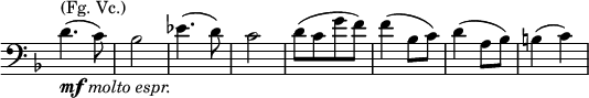 
\relative c' \new Staff \with { \remove "Time_signature_engraver" } {
 \key d \minor \time 2/4 \clef bass
  d4.^\markup { (Fg. Vc.) } _\markup { \dynamic mf \italic { molto espr. } }
  ( c8) bes2 es4. ( d8) c2 d8([ c g' f]) f4( bes,8 c) d4( a8 bes) b4( c)
}
