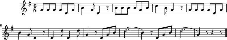 
\version "2.14.2"
\header {
  tagline = ##f
}

\score {
  \new Staff \with {
    %\remove "Time_signature_engraver"
  }
  \relative c'' {
    \key g \major
    \time 6/8
    \tempo 8 = 240
    \set Staff.midiInstrument = #"oboe"

     %%%% Jean de la Lune
     g8 g g g  d g b4 g8 d4 r8 b' b b b g b d4 b8 g4 r8 
     g8 g g g  d g b4 g8 d4 r8 d4 d'8 d,4 d'8 g,4 r8
     d8 g b d2.( b4) r8 d,8 g b d2.(  g,4) r8 r4 r8
     \bar "||"

  }
  \layout {
    \context {
      \Score
      \remove "Metronome_mark_engraver"
    }
  }
  \midi {}
}
