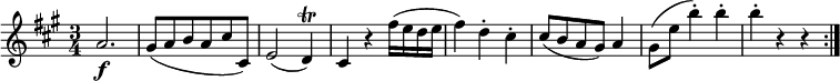  { \tempo 4 = 132 \set Score.tempoHideNote=##t \set Staff.midiInstrument = "violin" \relative a' { \key a \major \time 3/4
a2. \f | gis8( a b a cis cis,) | e2( d4 \trill ) | cis4 r fis'16( e d e | fis4) d-. cis-. |
cis8( b a gis) a4 | gis8( e' b'4-.) b-. | b4-. r r \bar ":|." }} 