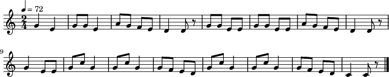 \relative c' { \key c \major \time 2/4 \tempo 4 = 72 \transposition c' g'4 e g8 g e4 a8 g f e d4 d8 r
 g8 g e e g g e e a g f e d4 d8 r \break g4 e8 e g c g4 g8 c g4 g8 f e d g c g4 g8 c g4 g8 f e d c4 c8 r  \bar "|." }