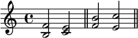  \new Voice \relative c' {
  \clef treble \key c \major \time 4/4 
  <b f'>2 <c e> \bar "||"
  <f b>2 <e c'> \bar "||"
}
