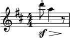 
\relative c'' { \set Staff.midiInstrument = #"clarinet" \clef treble \key d \major \numericTimeSignature \time 4/4 \partial 2*1 d'8-.\sf\> a4 r8\! }
