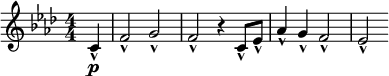  \relative c' { \clef treble \numericTimeSignature \key f \minor \time 4/4 \partial 4*1 c\p-^ | f2-^ g-^ | f-^ r4 c8-^ ees-^ | aes4-^ g-^ f2-^ | ees-^ } 