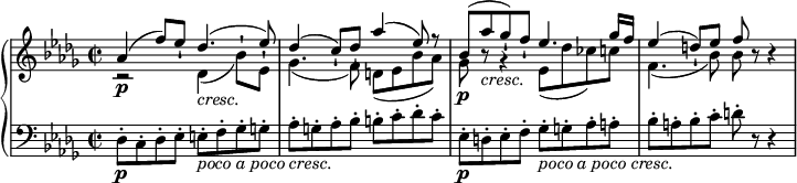 
\relative c'' {
 \new PianoStaff <<
 \new Staff <<
 \new Voice {
 \stemUp \set Staff.midiInstrument = #"piano" \key des \major \clef treble \time 2/2 \set Score.tempoHideNote = ##t \tempo 4 = 88
 as4 ^( f'8 ) es8 -! des4. _\markup { \italic {cresc.} } ^( es8 ) |
 des4 ^( c8 ) -! des8 -! as'4 ^( es8 ) r8 |
 bes8 ^( as'8 _\markup { \italic {cresc.} } ges8 ) -! f8 -! es4. ges16 f16 |
 es4 ^( d8 ) -! es8 f8 -! r8 r4 |
 }
 \new Voice {
 \stemDown
 r2 \p des,4 _( bes'8 ) -! es,8 -! |
 ges4. _( f8 ) d8 _( es8 bes'8 as8 ) |
 ges8 \p r8 r4 es8 _( des'8 ces8 ) c8 |
 f,4. _( bes8 ) bes8 s4 s8 |
 }
 >>
 \new Staff {
 \set Staff.midiInstrument = #"piano" \key des \major \clef bass \time 2/2
 des,,8 \p -. c8 -. des8 -. es8 -. e8 _\markup { \italic { poco a poco cresc. } } -. f8 -. ges8 -. g8 -. |
 as8 -. g8 -. as8 -. bes8 -. b8 -. c8 -. des8 -. c8 -. |
 es,8 \p -. d8 -. es8 -. f8 -. ges8 _\markup { \italic { poco a poco cresc. } } -. g8 -. as8 -. a8 -. |
 bes8 -. a8 -. bes8 -. c8 -. d8 -. r8 r4 |
 }
 >>
}
