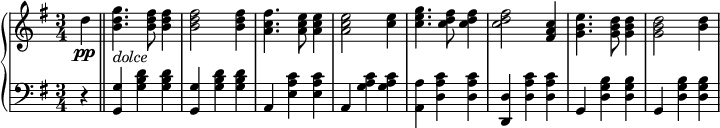 
 \relative b' {
  \new PianoStaff <<
   \new Staff { \key e \minor \time 3/4
    \tempo \markup {
     \column {
   }
    }
    \partial 4 d\pp \bar "||" <b d g>4._\markup { \italic dolce } <b d fis>8 <b d fis>4 <b d fis>2 <b d fis>4 <a c fis>4. <a c e>8 <a c e>4 <a c e>2 <c e>4 <c e g>4. <c d fis>8 <c d fis>4 <c d fis>2 <fis, a c>4 <g b e>4. <g b d>8 <g b d>4 <g b d>2 <b d>4
   }
   \new Staff { \key e \minor \time 3/4 \clef bass
    r4 <g,, g'> <g' b d> <g b d> <g, g'> <g' b d> <g b d> a, <e' a c> <e a c> a, <g' a c> <g a c> <a, a'> <d a' c> <d a' c> <d d,> <d a' c> <d a' c> g, <d' g b> <d g b> g, <d' g b> <d g b> }
  >>
 }
