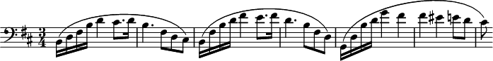 
\header {
  tagline = ##f
}

\score {
  \new Staff \with {

  }
<<
  \relative c {
    \key b \minor
    \time 3/4
    \clef bass
    \override TupletBracket #'bracket-visibility = ##f 
    %\autoBeamOff

     %%%%%%%%%%%%%%%%%%%%%%%%%% Préludes Opus 28/6
     b16( d fis b d4 cis8. d16 b4. fis8 d cis)
     b16( fis' b d fis4 e8. fis16 d4. b8 fis d)
     g,16( d' b' d g4 fis fis eis e!8 d cis )

  }
>>
  \layout {
    \context {
      \remove "Metronome_mark_engraver"
    }
  }
  \midi {}
}
