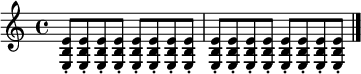 
{
  \set Staff.midiInstrument = "electric guitar (clean)"
  \omit Score.MetronomeMark \tempo 4=160
  \repeat unfold 16 { <e b e'>8-. } \bar "|."
}
