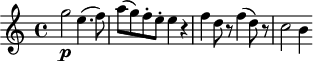 
\version "2.18.2"
\header {
  tagline = ##f
  % composer = "Mozart"
  % opus = "K. 622"
  % meter = "Allegro"
}

\score {
<<
  \relative c'' {
    \key a \minor
    \time 4/4
    \override TupletBracket #'bracket-visibility = ##f 
    %\autoBeamOff
    \tempo 4 = 102
     %%%%%% K622
     g'2\p e4.( f8) a8( g) f-. e-. e4 r4 f4 d8 r8 f4( d8) r8 c2 b4

  }
>>
  \layout {
     #(layout-set-staff-size 17)
     \context { \Score \remove "Metronome_mark_engraver" 
     \override SpacingSpanner.common-shortest-duration = #(ly:make-moment 1/2)
     }
  }
  \midi { \set Staff.midiInstrument = #"clarinet" }
}
