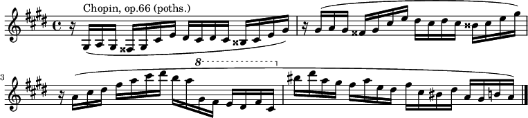  {
# (set-global-staff-size 15)
\relative c' {

		\key cis' \minor
		r16 gis^"Chopin, op.66 (poths.)"( a gis
		fisis gis cis e
		dis cis dis cis bisis cis e gis)
		r16 gis( a gis fisis gis cis e
		dis cis dis cis bisis cis e gis)
		r16 a,( cis dis fis a cis dis
		b a
		\ottava #1
  \set Staff.ottavation = #"8" 
		gis fis e dis fis cis
		\ottava #0
		bis' dis a gis fis a e dis
		fis cis bis dis
		a gis b a) \bar "|."

	}
}
