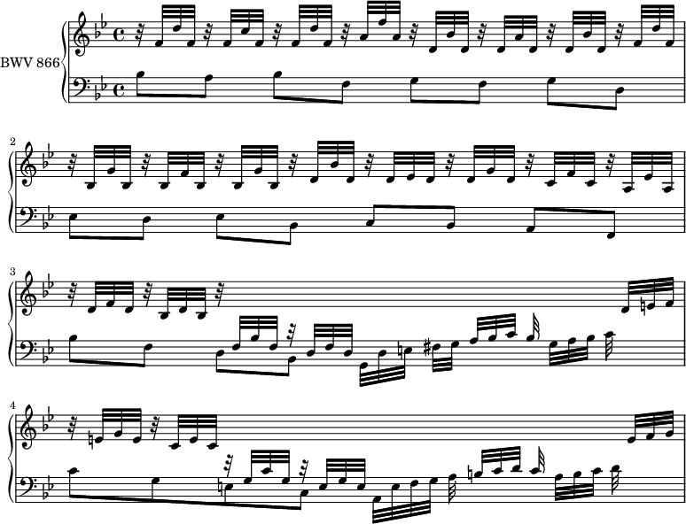 
\version "2.18.2"
\header {
  tagline = ##f
}

upper = \relative c' {
    \clef treble 
    \key bes \major
    \time 4/4
    \tempo 4 = 69
    \set Staff.midiInstrument = #"harpsichord" 

   %% PRÉLUDE CBT I-21, BWV 866, si-bémol majeur
   \stemUp r32 f d' f, r32 f c' f, r32 f d' f, r32 a f' a, r32 d, bes' d, r32 d a' d, r32 d bes' d, r32 f d' f, |
   r32 bes,32 g' bes, r32 bes f' bes, r32 bes g' bes, r32 d bes' d, r32 d ees d r32 d g d r32 c f c r32 a ees' a,
   r32 d f d r32 bes d bes r32 \stemUp \change Staff ="lower" f32 bes f r32 d f d \change Staff ="upper" s8*3 s32 d' e f
   r32 e g e r32 c e c \stemUp \change Staff ="lower" r32 g c g r32 e g e \change Staff ="upper"  s8*3 s32 e'32 f g
      
}

lower = \relative c' {
    \clef bass 
    \key bes \major
    \time 4/4
    \set Staff.midiInstrument = #"harpsichord" 

    \stemDown bes8 a bes[ f] g f g[ d] ees d ees[ bes] \stemUp c bes a[ f] \stemDown bes' f d[ bes] 
    \stemDown g32[ d' e] fis g \stemUp a[ bes c] bes \stemDown g[ a bes] c s32*3
    c8 g e c \stemDown a32[ e' f g] a \stemUp b[ c d] c \stemDown a[ b c] d
} 

\score {
  \new PianoStaff <<
    \set PianoStaff.instrumentName = #"BWV 866"
    \new Staff = "upper" \upper
    \new Staff = "lower" \lower
  >>
  \layout {
    \context {
      \Score
      \remove "Metronome_mark_engraver"
      \override SpacingSpanner.common-shortest-duration = #(ly:make-moment 1/2)
    }
  }
  \midi { }
}
