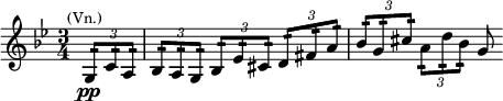  \relative c' {\time 3/4 \key g \minor \set Score.tempoHideNote = ##t \tempo "" 4 = 80 \partial 4 \tuplet 3/2 {g8:16\pp^\markup{\center-align \smaller {(Vn.)}} c: a:} \tuplet 3/2 {bes: a: g:} \tuplet 3/2 {bes: es: cis:} \tuplet 3/2 {d: fis: a:} \tuplet 3/2 {bes: g: cis:} \tuplet 3/2 {a: d: bes:} g8 } 