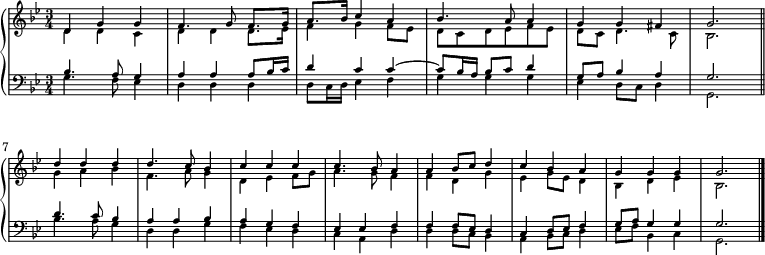 
\new GrandStaff <<
  \new Staff \with { midiInstrument = "harpsichord" \magnifyStaff #5/7 }
  \transpose a g {
    \relative a' {
      \set Score.tempoHideNote = ##t
      \key a \minor
      \time 3/4
      \tempo 4 = 60 << { 
        \voiceOne
         e a a g4. a8 g8. a16 b8. c16 d4 b c4. b8 b4 a a gis a2. \bar "||" \break
         e'4 e e e4. d8 c4 d d d d4. c8 b4 b c8 d8 e4 d c b a a a a2. \bar "|."
         } \new Voice { 
        \voiceTwo
         e4 e d e e e8. f16 g4 a g8 f e d e f g f e d e4. d8 c2.
         a'4 b c g4. b8 a4 e f g8 a b4. a8 g4 g e a f a8 f e4 c e f c2.
        } 
      >>
    }
  }
  \new Staff \with { midiInstrument = "harpsichord" \magnifyStaff #5/7 }
  \transpose a g {
    \relative a {
      \set Score.tempoHideNote = ##t
      \clef bass
      \key a \minor << { 
        \voiceOne
         c4. b8 a4 b b b8 c16 d e4 d d4~ 8 c16 b c8 d e4 a,8 b c4 b a2.
         e'4. d8 c4 b b c b a g f f g g g8 f e4 d e8 f g4 a8 b a4 a a2.
        } \new Voice { 
        \voiceTwo
         a4. g8 f4 e e e e8 d16 e f4 g a a a f e8 d e4 a,2.
         c'4. b8 a4 e e a g f e d b e e e8 d c4 b c8 d e4 f8 g c,4 d a2.
        } 
      >>
    }
  }
>>
