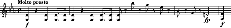 
\relative c' {
  \tempo "Molto presto"
  \tempo 4 = 140
  \key es \major
  <es g,>4\f r q q8. q16 |
  q4 r q q8. q16 |
  q8 r bes'' r g r es r |
  bes8 r g r e2\fp |
  <f as,>4\f
}
