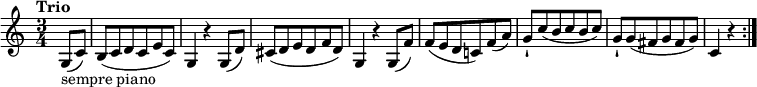 
\relative c'' {
  \version "2.18.2"
    \key c \major
    \time 3/4
    \tempo "Trio"
   \partial 4 \partial 4  g,8_\markup{ sempre piano}   (c)
   b (c d c e c)
   g4 r4 g8 (d')
   cis (d e d f d)
   g,4 r4 g8 (f')
   f (e d c!) f (a)
   g-! c (b c b c)
   g-! g (fis g fis g)
   c,4 r4  \bar ":|."
  }
