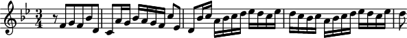 
\version "2.18.2"
\header {
  tagline = ##f
}

\score {
  \new Staff \with {

  }
<<
  \relative c' {
    \key bes \major
    \time 3/4

     %% SUJET fugue CBT I-21, BWV 866, si-bémol majeur
     r8 f8 g f bes d, c a'16 g bes a g f c'8 ees, d bes'16 c a bes c d ees d c ees d c bes c a bes c d ees d c ees | d8


  }
>>
  \layout {
     \context { \Score \remove "Metronome_mark_engraver" 
     \override SpacingSpanner.common-shortest-duration = #(ly:make-moment 1/2)
     }
  }
  \midi {} 
}
