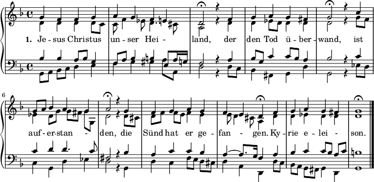 
{ \new PianoStaff <<
  \new Staff <<
    \new Voice \relative c'' { \set Staff.midiInstrument = "church organ" \set Score.tempoHideNote = ##t \tempo 4 = 64 \voiceOne \clef treble \key g \dorian \time 4/4
     g4 f f g | a g f e | d2\fermata r4
     f4 | g a g fis | g2\fermata r4
     c4 | g8 a bes4 a g | a2\fermata r4
     g4 | f g a g | f e d\fermata
     f4 | g a g fis | g1\fermata \bar "|." }
     \addlyrics { \set stanza = "1. " Je -- sus Chri -- stus un -- ser Hei - land,
der den Tod ü -- ber -- wand,
ist auf - er -- stan - den,
die Sünd hat er ge -- fan - gen.
Ky -- rie e -- lei - son.  }
    \new Voice \relative c' { \voiceTwo d4 d d d8 c | c f4 es8 d4. cis8 | a2 r4
    d4 | d es8 d d4 d | d2 r4
    g8 f | es4 d8 g g[ fis] g g, | d'2 r4 
    d8 cis | d[ f] f e f4 e | e8 d4 cis8 a4 
    d4 | d es d d | d1 }
  >>
  \new Staff <<
    \new Voice \relative c' { \set Staff.midiInstrument = "church organ" \clef bass \key g \dorian \time 4/4 \voiceOne 
    bes4 bes a8 bes g4 | f8 a bes4 b e,8 a16 g | f2 r4
    a4 | bes8 g c4 c8 bes a4 | bes2 r4
    c4 | c d d4. c8 | fis,2 r4
    bes4 | a c c bes | a~ a8. g16 f4
    a | bes c c8[ bes] a c | b1 }
    \new Voice \relative c { \voiceTwo g8[ a] bes c d4 e | f g gis a8 a, | d2 r4
    d8 c | bes4 fis g d' | g,2 r4
    es'8 d | c4 g d' es | d2 r4
    g,4 | d' c f8[ e] d cis | d4 a d,
    d'8 c | bes[ a] g fis g4 d | g1 }
   >> >> }
