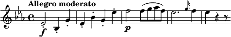 
\relative c' {
  \key es \major
  \tempo "Allegro moderato"
  es2-.\f bes4-. g'-. | es-. bes'-. g-. es'-. | f2\p f8( g as f) | es2. \grace g16 f4 | es r r8
}
