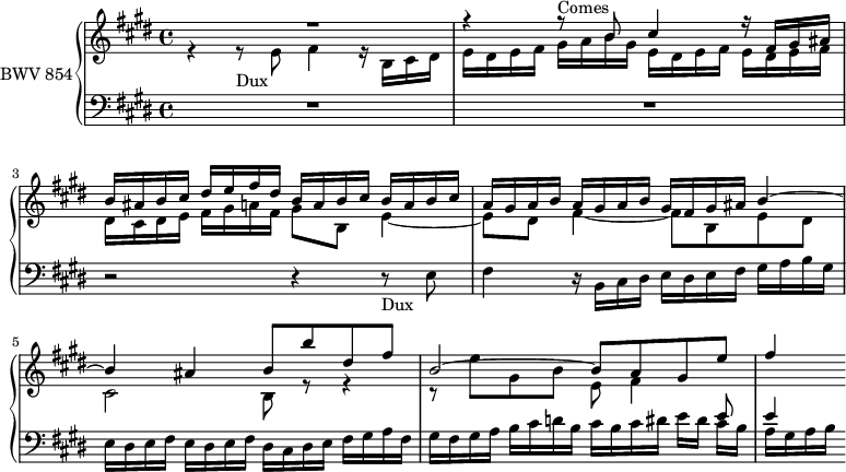 
\version "2.18.2"
\header {
  tagline = ##f
}

Dux   = { r4 r8_\markup{Dux} \stemDown e8 fis4 r16 b,16 cis dis e dis e fis gis a b gis e16 dis e fis e dis e fis dis }
Comes = { r4 r8^\markup{Comes} \stemUp b8 cis4 r16 fis,16 gis ais b ais b cis dis e fis dis b16 a b cis b a b cis }

upper = \relative c'' {
  \clef treble 
  \key e \major
  \time 4/4
  \tempo 4 = 104
  \set Staff.midiInstrument = #"harpsichord" 

   %% FUGUE CBT I-9, BWV 854, mi majeur
   << { R1 \Comes | a16 gis a b a gis a b gis fis gis ais b4~ | b4 ais b8 b' dis, fis | b,2~ b8 a gis e' | fis4 } \\ { \relative c' \Dux cis,16 dis e fis gis a fis gis8 b, e4~ e8 dis fis4~ fis8 b, e dis cis2 b8 r8 r4 r8 e'8 gis, b e,8 fis4 } >> %

}

lower = \relative c {
  \clef bass 
  \key e \major
  \time 4/4
  \set Staff.midiInstrument = #"harpsichord" 
    
   R1*2 r2 \Dux cis16 dis e fis gis a fis | gis fis gis a b cis d b cis b cis dis e dis << { e8 e4 } \\ {cis16 b a gis a b} >>
    
} 

\score {
  \new PianoStaff <<
    \set PianoStaff.instrumentName = #"BWV 854"
    \new Staff = "upper" \upper
    \new Staff = "lower" \lower
  >>
  \layout {
    \context {
      \Score
      \remove "Metronome_mark_engraver"
    }
  }
  \midi { }
}
