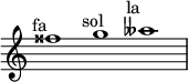 
    \relative c'' {
      \time 3/1
      \override Staff.TimeSignature #'stencil = ##f
      fisis1^\markup { \center-align "fa 𝄪" }
      g^\markup { \center-align "sol" }
      aeses^\markup { \center-align "la 𝄫" }
    }
  