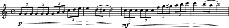 
{
  \new PianoStaff <<
    \new Staff \relative g' {
      \set Staff.midiInstrument = #"string ensemble 1" \key c \major \clef treble \time 4/4 \set Score.tempoHideNote = ##t \tempo 4 = 150
      \once \override TupletBracket #'stencil = ##f
      \times 2/3  {
        g8 \p \< g8 g8
      }
      \once \override TupletBracket #'stencil = ##f
      \times 2/3  {
        g8 g8 g8
      }
      \once \override TupletBracket #'stencil = ##f
      \times 2/3  {
        g8 a8 b8
      }
      \once \override TupletBracket #'stencil = ##f
      \times 2/3  {
        c8 d8 e8
      }
      | % 2
      e4 \! \> d8 ( cis8 d2 \! ) | % 3
      \once \override TupletBracket #'stencil = ##f
      \times 2/3  {
        c8 \mf \< c8 c8
      }
      \once \override TupletBracket #'stencil = ##f
      \times 2/3  {
        c8 c8 c8
      }
      \once \override TupletBracket #'stencil = ##f
      \times 2/3  {
        f8 g8 gis8
      }
      \once \override TupletBracket #'stencil = ##f
      \times 2/3  {
        a8 b8 c8
      }
      | % 4
      c4 \! \> b8 ( a8 b2 \! )
    }
  >>
}
