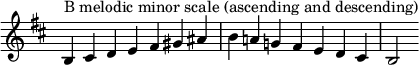  {
\override Score.TimeSignature #'stencil = ##f
\relative c' {
  \clef treble \key b \minor \time 7/4
  b4^\markup "B melodic minor scale (ascending and descending)" cis d e fis gis ais b a! g! fis e d cis b2
} }
