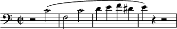 
\relative c' {
 \new Staff {
 \set Staff.midiInstrument = #"piano" \key c \major \clef bass \time 2/2 \set Score.tempoHideNote = ##t \tempo 4 = 90
 r2 c2 ( |
 f,2 c'2 |
 d4 e4 f4 dis4 |
 e4 ) r4 r2 |
 }
}
