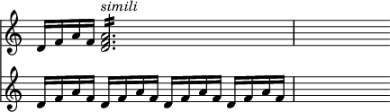 
\relative c' << { \override Score.TimeSignature #'stencil = ##f } \time 4/4 \new staff { d16 f a f <d f a>2.:16^\markup { \italic simili } | s4 } \new staff { d16 f a f d f a f d f a f d f a f | s4 } >>
