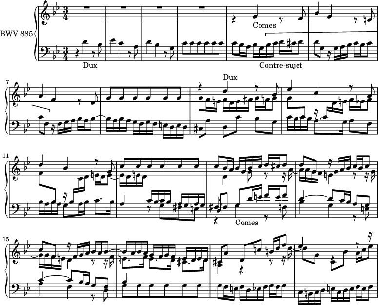 
\version "2.18.2"
\header {
  tagline = ##f
}

Dux   = { r4 d4-\markup{Dux} r8 bes8 | ees4 c r8 a8 | d4 bes r8 g8 c c c c c c | c bes16 a }
Comes = { r4 g4-\markup{Comes} r8 f8 | bes4 g r8 e8 | a4 f r8 d8 g g g g g g | \stemDown g f16 e }

upper = \relative c'' {
  \clef treble 
  \key g \minor
  \time 3/4
  \tempo 4 = 72
  \set Staff.midiInstrument = #"harpsichord" 

   %% FUGUE CBT II-10, BWV 876, mi mineur
   << { R2.*4 s2.*4 \Dux bes16 g bes c d cis d8 | d g, r16 g16 a bes c bes c8 | c f, r16 f g a bes a bes8~ | bes16 a bes a g f g f e d e d | cis8 a' d,[ c'!] b16 d f8 | ees4 d,4\rest r8 r16 } 
     \\ 
      { s2.*4 \stemUp \Comes f16 d e fis g f g8 g \stemUp \change Staff = "lower" c,8 f16\rest c16  \stemDown \change Staff = "upper"  d e f ees f8 | f \stemUp \change Staff = "lower" bes,8 f'16\rest bes,16 \stemDown \change Staff = "upper" c d e d e8~ | e16 d e d \stemUp \change Staff = "lower" c16 bes c bes a g a g fis8  \stemDown \change Staff = "upper" d'4 g8 r8 r16 a16~ a a g f e4 r8 r16 g16~ | g g f e d4 r8 r16 f16 e8. f16 e8. d16 cis8. d16 a4 r4 r8 r16 d'16~ | d8 g, c,[ bes'] a16 c ees8~ | } >>
   
}

lower = \relative c' {
  \clef bass 
  \key g \minor
  \time 3/4
  \set Staff.midiInstrument = #"harpsichord" 
 
   \Dux bes16 g-\markup{Contre-sujet} \[ bes c d cis d8 d g, r16 g a bes c bes c8
   c8 f, \] r16 f g a bes a bes8~ bes16 a bes a g f g f e d e d | cis8 a' d,[ c'] bes g | c16 bes c bes a8. g16 a8 f | bes16 a bes a g8 a16 bes c8. bes16 | 
   << { a4 e8\rest \stemDown g8 fis e | \stemUp  \shiftOnnn d8 \shiftOff fis g8 d'16 e f e f8 d4~ d8 c16 bes a8 g | c4~ c8 bes16 a g8 f bes4 } \\ { s2. \relative c \stemDown { \Comes } f16 d ees f g f g8 | c,16 b c d e c d e f e f8 | } >> 
} 

\score {
  \new PianoStaff <<
    \set PianoStaff.instrumentName = #"BWV 885"
    \new Staff = "upper" \upper
    \new Staff = "lower" \lower
  >>
  \layout {
    \context {
      \Score
      \remove "Metronome_mark_engraver"
      \override SpacingSpanner.common-shortest-duration = #(ly:make-moment 1/2)
      \override TupletBracket.bracket-visibility = ##f
      \omit TupletNumber
    }
  }
  \midi { }
}
