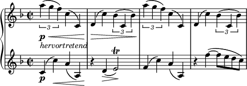 
\relative c''' {
 \new PianoStaff <<
  \new Staff {
   \set Staff.midiInstrument = #"piano" \key f \major \clef treble \time 2/2 \set Score.tempoHideNote = ##t \tempo 2 = 60
   \times 2/3 {
    a4 \p _\markup { \italic { hervortretend } } \< ( g4 f4 )
   }
   c4 ( c,4 ) |
   d4 \! \> ( c'4 ) \times 2/3 {
    bes4 ( c,4 bes'4 )
   } |
   \times 2/3 {
    a'4 \! ( g4 f4 )
   }
   c4 ( c,4 ) |
   d4 ( c'4 ) \times 2/3 {
    bes4 ( c,4 bes'4 )
   } |
  }
  \new Staff {
   \set Staff.midiInstrument = #"piano" \key f \major \clef treble \time 2/2
   c,4 \p ( c'4 \< ) a4 ( a,4 ) |
   r4 \! d4 \> ( e2 \! ) \trill |
   f4 ( c'4 ) a4 ( a,4 ) |
   r4 f''4 ~ ( f8 e8 d8 c8 ) |
  }
 >>
}
