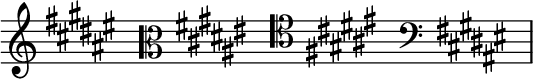 { \new Staff \with{ \magnifyStaff #3/2 } << \time 4/16 \override Score.TimeSignature #'stencil = ##f { \clef treble \key dis \minor s16 \clef alto \key dis \minor s16 \clef tenor \key dis \minor s16 \clef bass \key dis \minor s16 } >> }