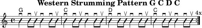 
\version "2.20.0"
\header {
  title="Western Strumming Pattern G C D C "
  encoder="mjchael"
}

myChords = \new ChordNames { \chordmode {
    g1 c d c
}}

BB_G = {
  <g, b d>4 \downbow
  <g b g'>8 \downbow 
  <g b g'> \upbow
  <g, b d>4 \downbow
  <g b g'>8 \downbow 
  <g b g'> \upbow
}

BB_C = {
  <e, c e>4 \downbow
  <g c' e'>8 \downbow 
  <g c' e'> \upbow 
  <e, c e>4 \downbow
  <g c' e'>8 \downbow 
  <g c' e'> \upbow
}

BB_D = {
  <a, d a>4 \downbow
  <a d' fis'>8 \downbow 
  <a d' fis'> \upbow 
  <a, d a>4 \downbow
  <a d' fis'>8 \downbow 
  <a d' fis'> \upbow
}

myRhythm = { \repeat volta 4 {
  \BB_G \BB_C \BB_D \BB_C
  \mark "4x"
}}

\score { << %layout
  \myChords
  \new Voice \with {
    \consists "Pitch_squash_engraver"
  }{
    \set Staff.midiInstrument = "acoustic guitar (nylon)"
    \improvisationOn
    \override NoteHead.X-offset = 0
    \myRhythm
  }
>> \layout{} }

\score { << % midi
  \unfoldRepeats {
    \tempo 4 = 90
    \time 4/4
    \key d \major
    \set Staff.midiInstrument = #"acoustic guitar (nylon)"
    c4 b, a,
    \myRhythm 
    <g, b, d g b g,>1 \downbow
  }
>> \midi{} }

\paper {
  indent=0\mm
  line-width=180\mm
  oddFooterMarkup=##f
  oddHeaderMarkup=##f
  % bookTitleMarkup=##f
  scoreTitleMarkup=##f
}
