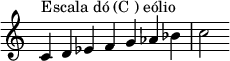  {
\override Score.TimeSignature #'stencil = ##f
\relative c' {
  \clef treble \time 7/4
  c4^\markup { Escala dó (C ) eólio } d es f g aes bes c2
} }
