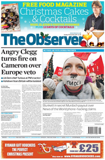 Front page of The Observer showing a cose-up photo of a woman at an anti-Kremlin rally with a "No vote" label over her mouth, and the headline "Angry Clegg turns fire on Cameron over Europe veto"