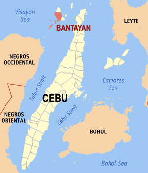 Mapa sa Sugbo nga nagapakita kon asa nahamutangan ang Bantayan