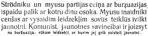  Paragraphe en latgalien de Sibérie avec le mot burz̦uazijas dans le Jaunais Latgalīts de juin 1928.