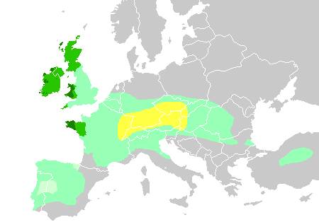 Diachronic distribution of Celtic peoples, showing expansion into the southern Netherlands:   core حضارة هالستات territory, by the 6th century BC   maximal Celtic expansion, by 275 BC   لوسيتانياn area of Iberia where Celtic presence is uncertain   the "six Celtic nations" which retained significant numbers of Celtic speakers into the أوائل العصر الحديث   areas where Celtic languages remain widely spoken today