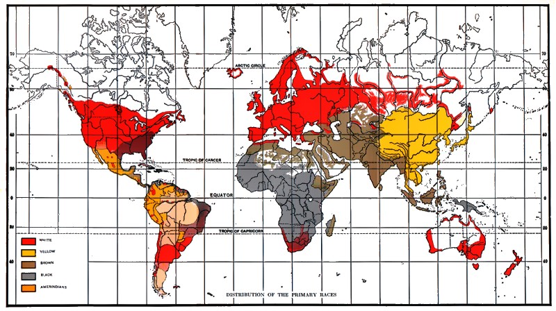 Eugenicist Lothrop Stoddard in his The Rising Tide of Color Against White World-Supremacy (1920) mapped a "brown race" as native to North Africa, the Horn of Africa, the Near East, Central Asia, South Asia and Austronesia. Stoddard's "brown" is one of five "primary races", contrasting with "white", "black", "yellow" and "Amerindian".