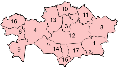 Map of the provinces of Kazakhstan in alphabetical order.