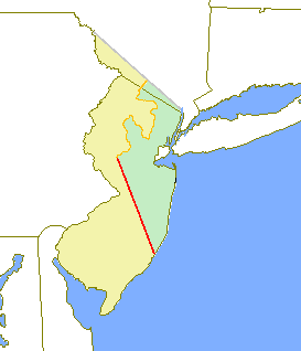 Provinciile East Jersey și West Jersey sunt indicate în verde și respectiv în galben. Linia Keith, din 1687, este indicată în roșu, iar linia Linia Cox și Barclay, din 1688, este trasată în portocaliu.