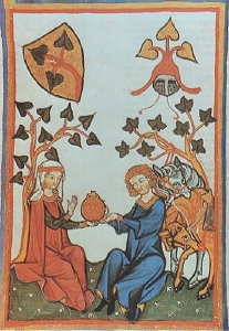 Codex Manesse - XIIIe siècle. Le chanteur de Minne Günther Von Dem Vorste et son amante. Les lierres qui les entourent et les blasons stylisés symbolisent leur attachement réciproque.