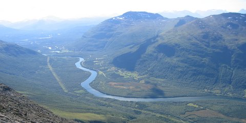The Bardu valley and river seen from Istind in the direction of Setermoen