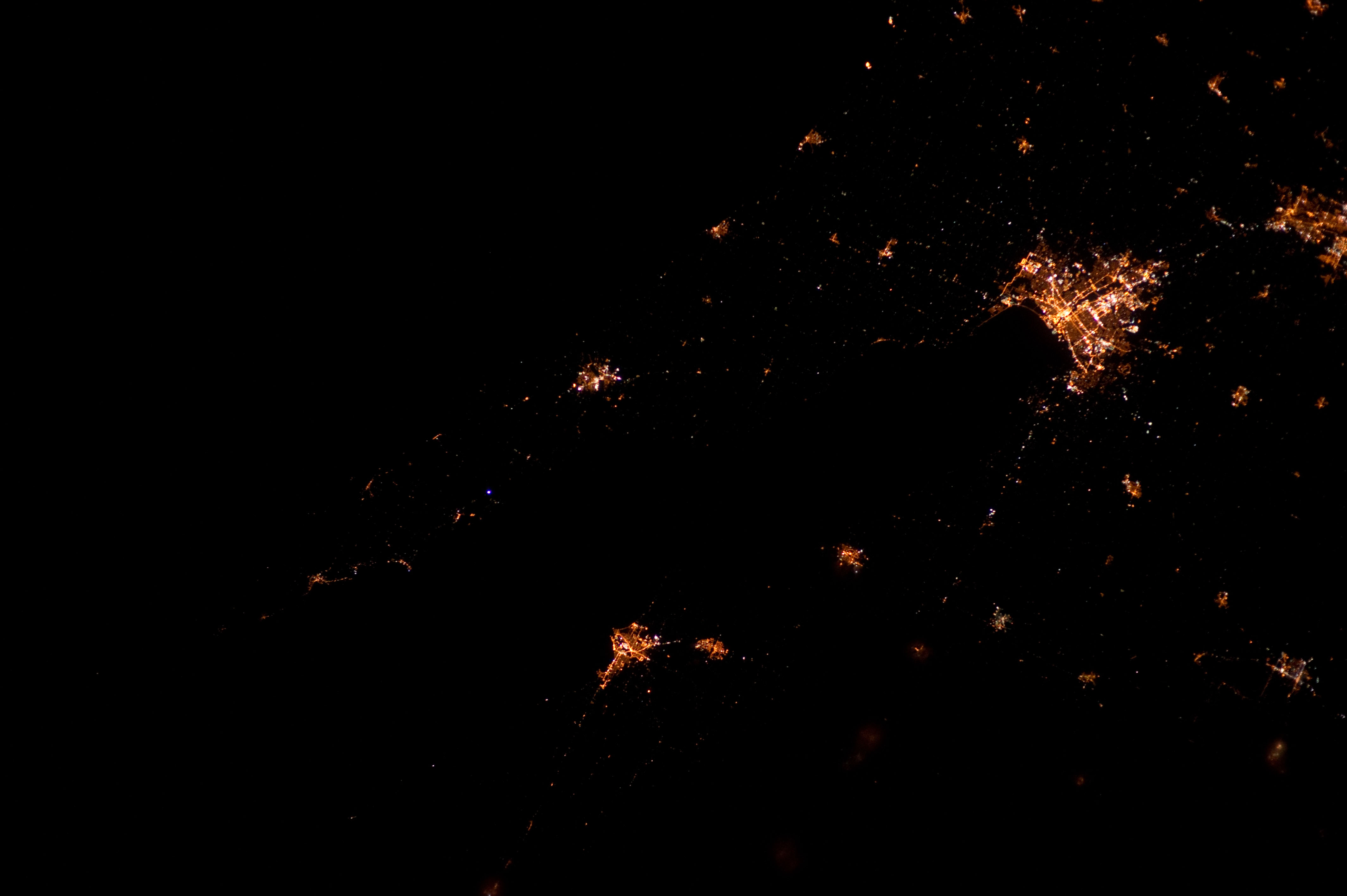 Sister Bay, left, and Ephraim, right taken 1:10 AM CDT, March 27, 2012, during Expedition 30 of the ISS.