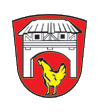 Gemeinde Hennhofen In Rot ein strohgedecktes silbernes Bauernhaus, in dessen breiter Toröffnung eine goldene Henne steht.