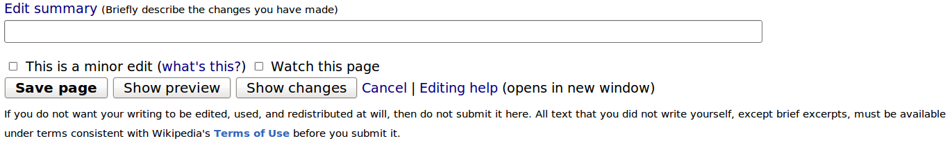 A four-line window. The top line says "Edit summary (Briefly describe the changes you have made)". The second line is a blank input area. The third is one checkbox for "This is a minor edit" and another for "Watch this page". The last line contains buttons "Save page", "Show preview", "Save Changes", and a non-button "Cancel".