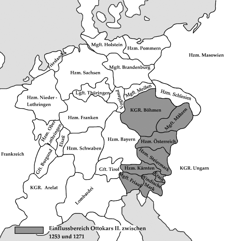 Der Einflußbereich des böhmischen Königs Ottokar II. Sachsen war noch Herzogtum im Gebiet des heutigen Niedersachsens, Böhmen der mächtigste deutsche Teilstaat.