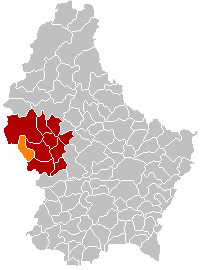 Kommunens läge i Luxemburg (markerad i orange), med kantonen Redange färgad i rött