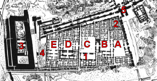 Plànol del «Palau Sud» de Babilònia: Patis principals (A, B, C, D, E), Sala del tron (1), Edifici voltat (2), Bastió oest (3), Edifici persa (4), Porta d'Ixtar (5)