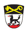 Gemeinde Neumünster Geteilt von Schwarz und Silber; oben schräg gekreuzt eine goldene Reuthaue und ein goldener Krummstab, unten auf rotem Vierberg stehend ein schwarzer, rotbewehrter Wolf.